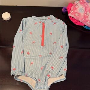 3T Flamingo and striped blue bathing suit with snaps at bottom. Carters.
